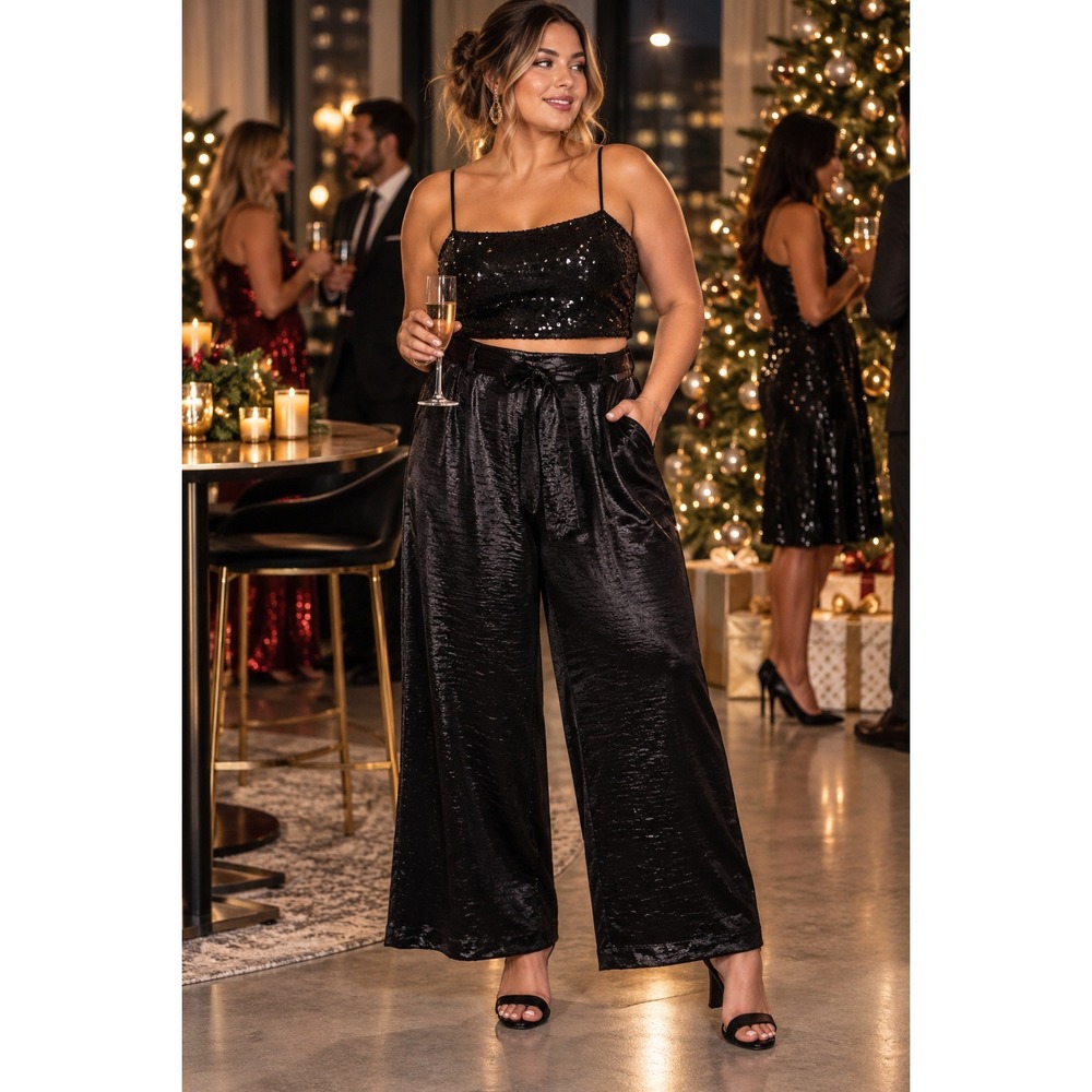 Torrid Wide Leg Culottes Pants Size 1X 14-16 Black Satin Cropped Pants #1542